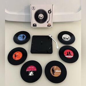 Coaster set of 6 retro vinyl records and record player case. Brand new with box.